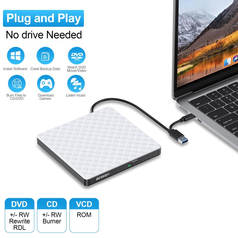 BENEWY External CD DVD Drive for Laptop, USB 3.0 USB C CD Burner DVD/CD ROM Drive Reader External DVD Drive DVD Player for Laptop Desktop PC Windows 11/10/8.1/7 MacBook Mac Linux OS Apple White - Image 3