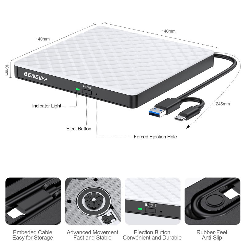 BENEWY External CD DVD Drive for Laptop, USB 3.0 USB C CD Burner DVD/CD ROM Drive Reader External DVD Drive DVD Player for Laptop Desktop PC Windows 11/10/8.1/7 MacBook Mac Linux OS Apple White - Image 4
