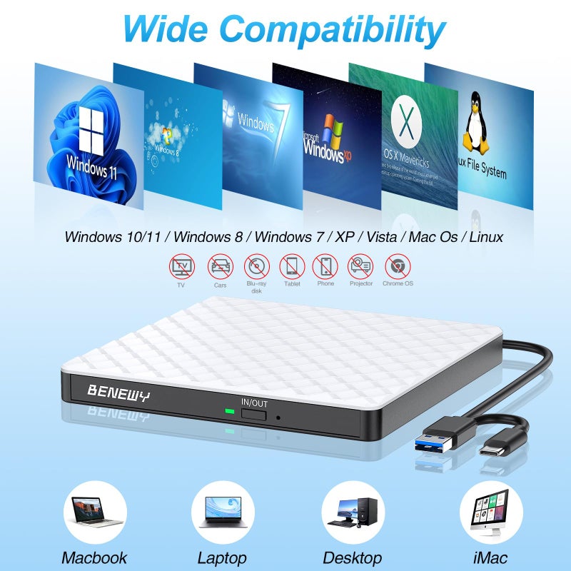 BENEWY External CD DVD Drive for Laptop, USB 3.0 USB C CD Burner DVD/CD ROM Drive Reader External DVD Drive DVD Player for Laptop Desktop PC Windows 11/10/8.1/7 MacBook Mac Linux OS Apple White - Image 2