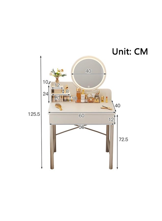 Modern Simple Dressing Table, Vanity Table with LED Light and Mirror, Bedroom Makeup Table with Drawers and Shelves (60*40*125.5CM) - Image 2