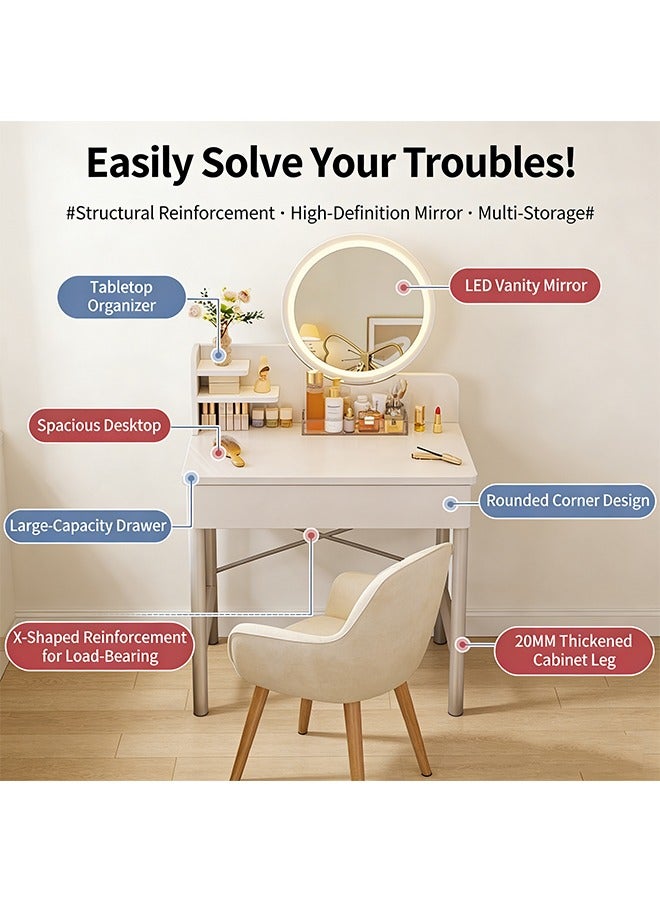 Modern Simple Dressing Table, Vanity Table with LED Light and Mirror, Bedroom Makeup Table with Drawers and Shelves (60*40*125.5CM) - Image 4
