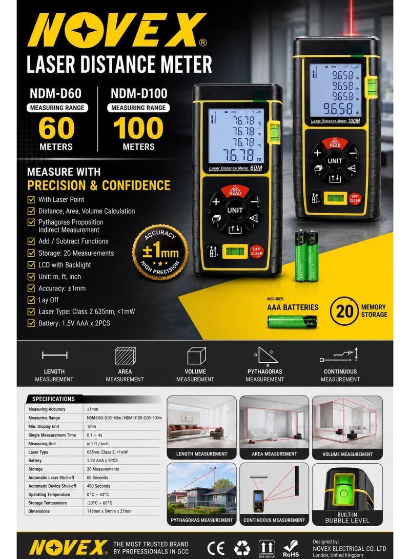 NOVEX NDM-D100 Laser Distance Meter 100M, ±1mm Accuracy Digital Laser Measure, Distance Area & Volume Measurement, Pythagorean Function, Continuous Measurement, 20-Memory, Backlit LCD, Bubble Level, m/ft/inch - Image 3