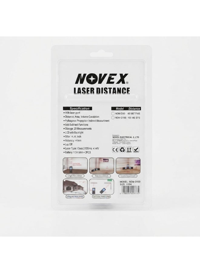 NOVEX NDM-D100 Laser Distance Meter 100M, ±1mm Accuracy Digital Laser Measure, Distance Area & Volume Measurement, Pythagorean Function, Continuous Measurement, 20-Memory, Backlit LCD, Bubble Level, m/ft/inch - Image 2