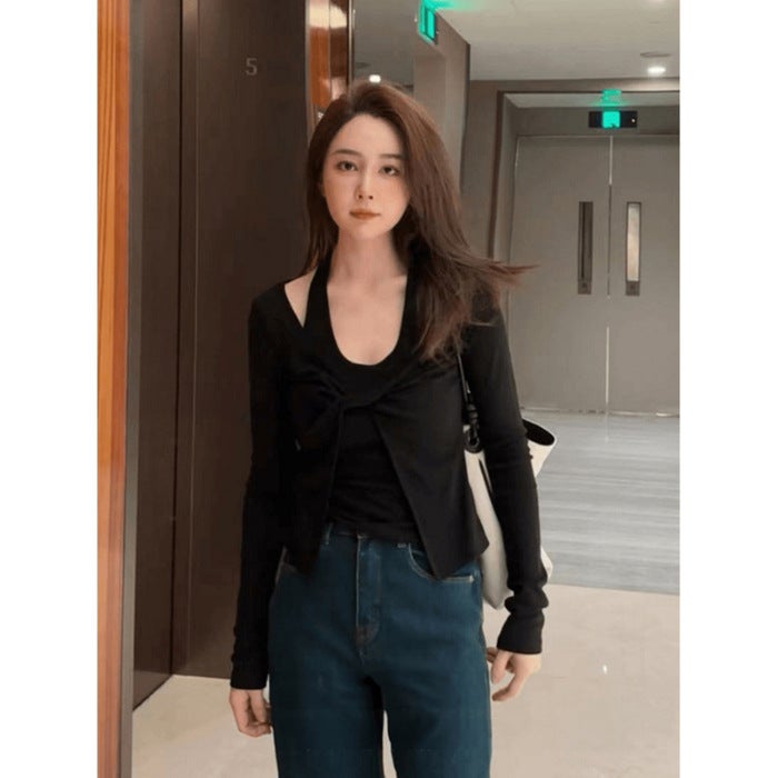 Autumn New Niche Design Sense Hanging Neck Fake Two-Piece Kink Long-Sleeved T-Shirt Spice Girls Slim-Fit Slim Top - Image 1
