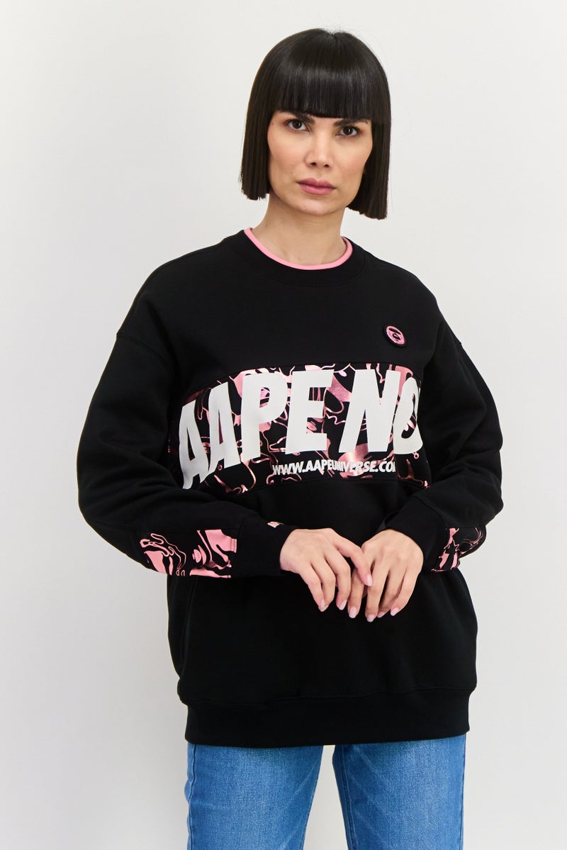 Aape By A Bathing Ape Women Hooded Brand Logo Long Sleeves Sweatshirt, Black Combo - Image 1