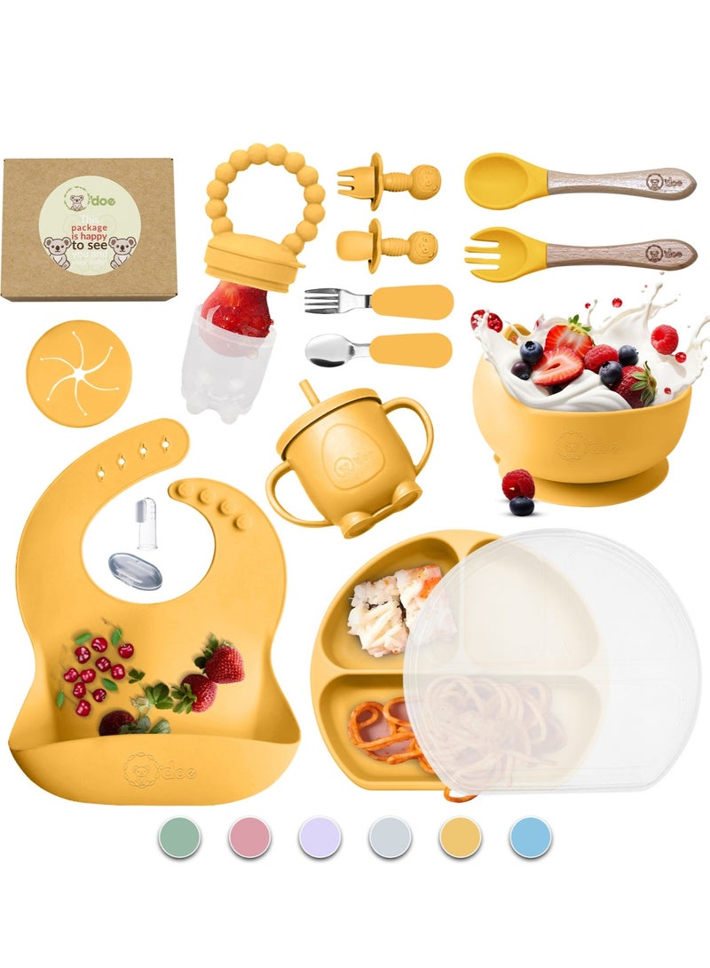 أودو لوازم تغذية الفطام للأطفال الصغار، مجموعة تغذية الطفل من O'doe | مجموعة أدوات تناول الطعام الذاتية من السيليكون مع ملاعق ومرايل ومجموعة ملاعق للأطفال الصغار | طقم أطباق طعام الرضع | مجموعة من 17 - Image 1