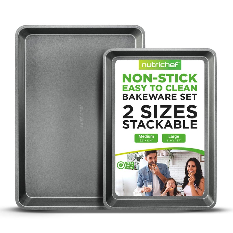 NutriChef 2Piece Nonstick Cookie Sheet Baking Pan Set  Premium Bake Trays w Sleek NonStick Coating PFOA PFOS  PTFE Free  Large 15x11  Medium 13x9  Dishwasher Safe