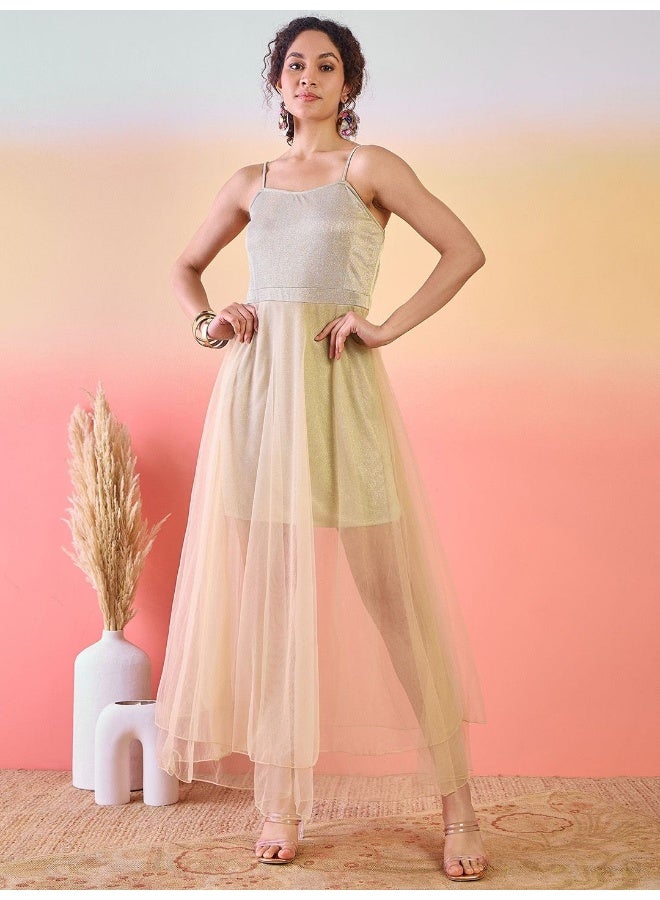 AKS Shoulder Strapped Semi Sheer Net Maxi Dress  - Image 1