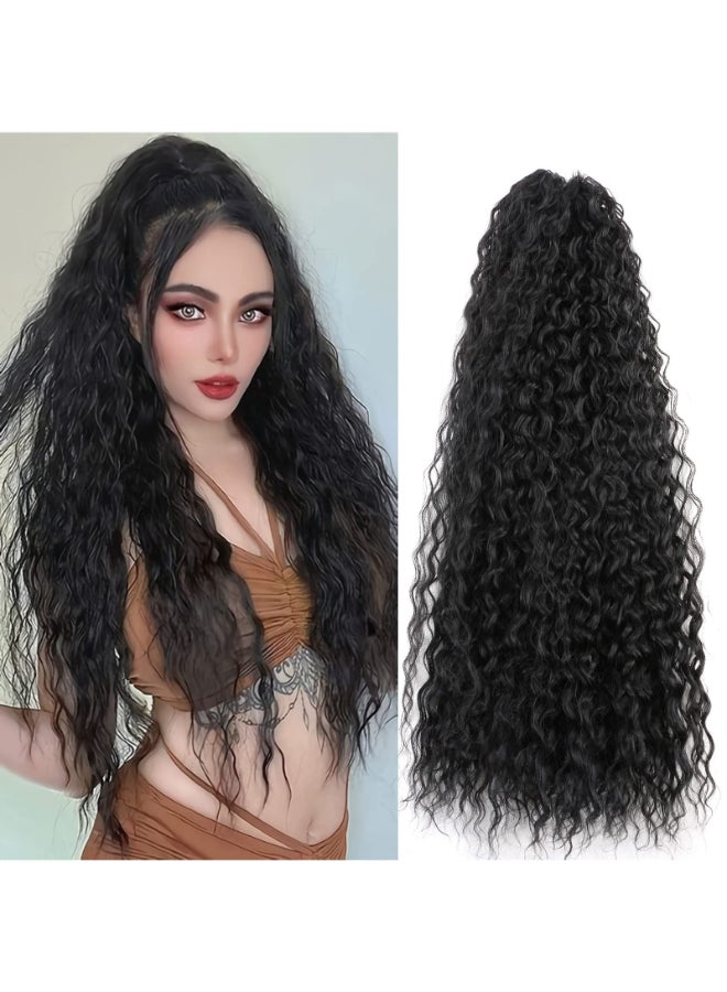 Meepo 30 Inch Curly Ponytail Extensions Synthetic Deep Wave Drawstring Ponytail For Black Women Human Hair Feeling With Clip In Thick Ponytail Hair Natural Black Hairpiece1B190g 30inch 1B - Image 2