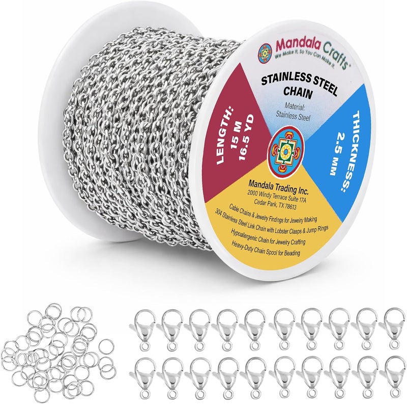 Mandala Crafts Stainless Steel Chain Roll with Jump Rings and Lobster Clasps for Jewelry Making - Image 1