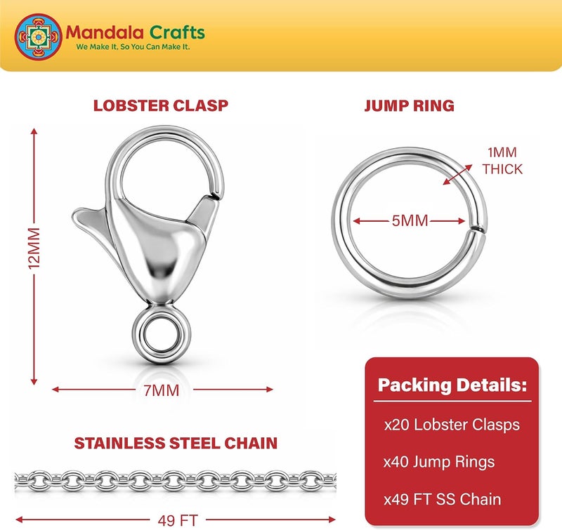 Mandala Crafts Stainless Steel Chain Roll with Jump Rings and Lobster Clasps for Jewelry Making - Image 2