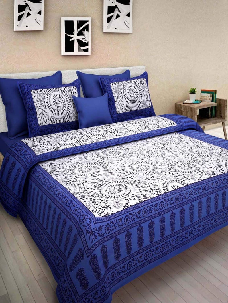 ART WORLD Queen Size Double Bed Sheet with Pillow Covers Pure Cotton Traditional Printed Bedcover (Blue) - Image 1