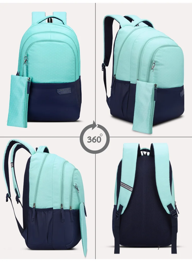 Lavie Sport 37L Akron Backpack | 19 inches | Laptop Compatiable | Raincover | Pencil Pouch |(M.Blue/L.Blue)