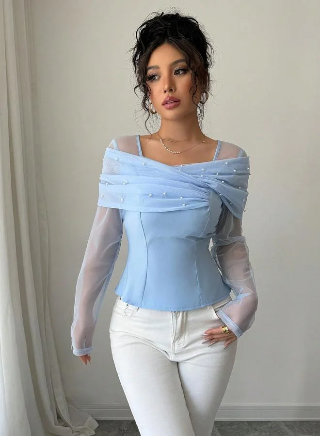 Take Two Blue Faux Pearl Embellished Square Neck Mesh Top