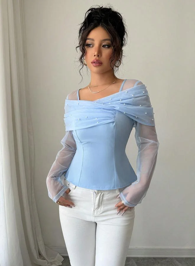 Take Two Blue Faux Pearl Embellished Square Neck Mesh Top