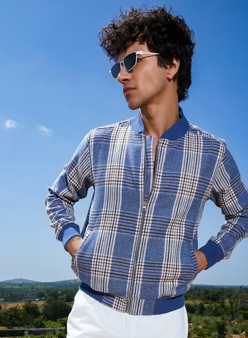 Campus Sutra Men's Icy Blue Tartan Plaid Jacket With Ribbed Hem - Image 1