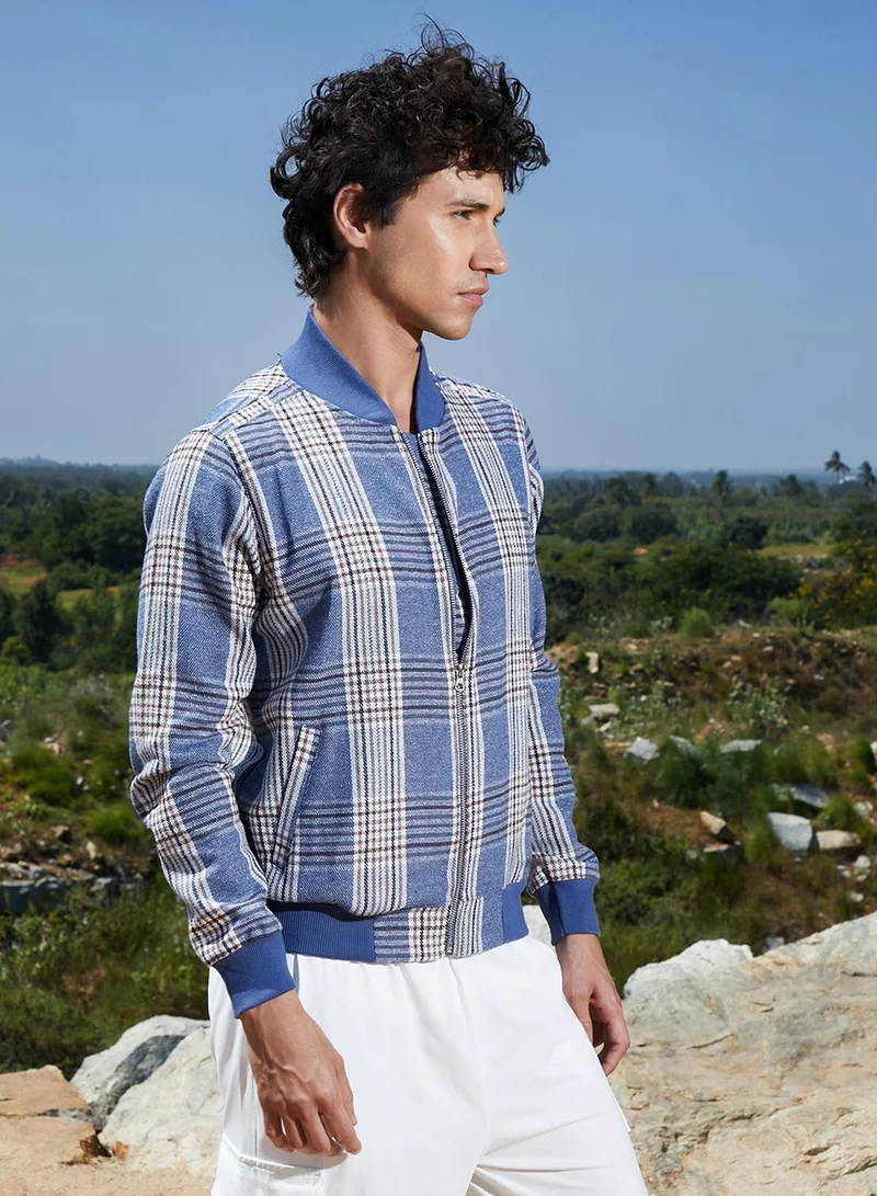 كامبوس سوترا Men's Icy Blue Tartan Plaid Jacket With Ribbed Hem