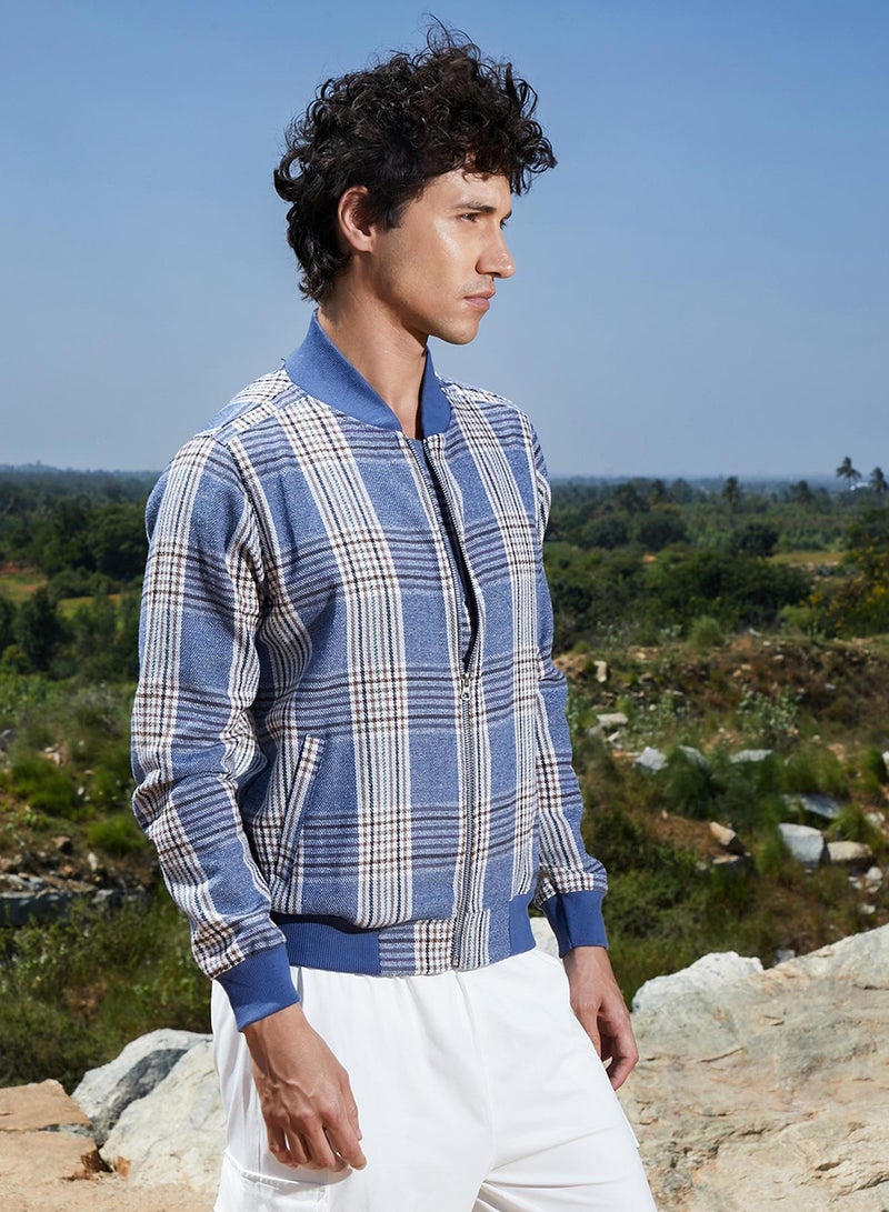 Campus Sutra Men's Icy Blue Tartan Plaid Jacket With Ribbed Hem - Image 3