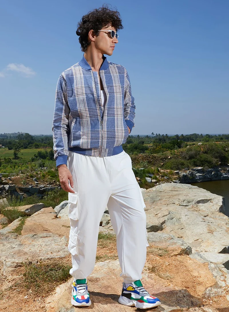 كامبوس سوترا Men's Icy Blue Tartan Plaid Jacket With Ribbed Hem
