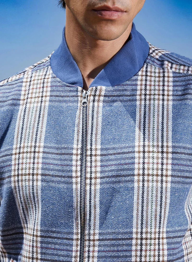 كامبوس سوترا Men's Icy Blue Tartan Plaid Jacket With Ribbed Hem