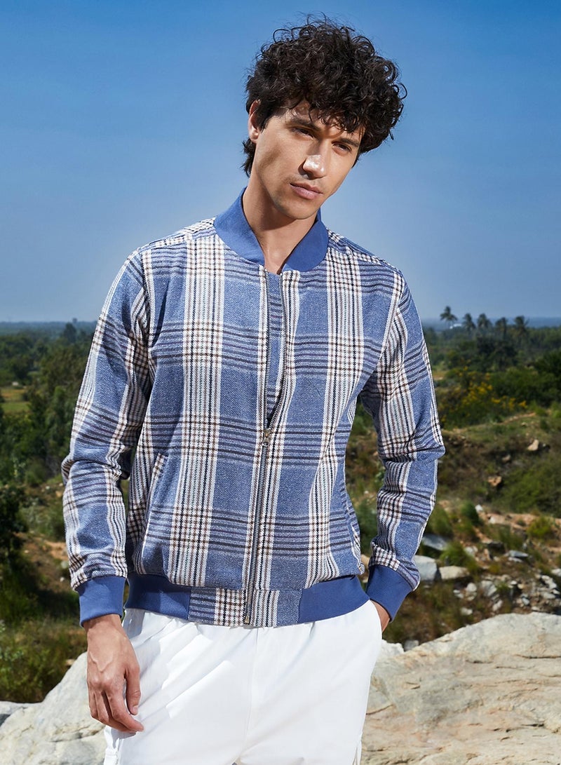 Campus Sutra Men's Icy Blue Tartan Plaid Jacket With Ribbed Hem - Image 2