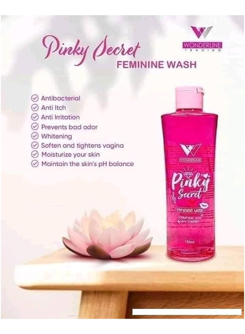 Pinky Secret Feminine Wash, Essential for Infection Prevention, Itchiness Relief, and Odor Control. Infused with Silky Softeners for Lasting Moisture, Skin Softness, and Suppleness, 150ml.