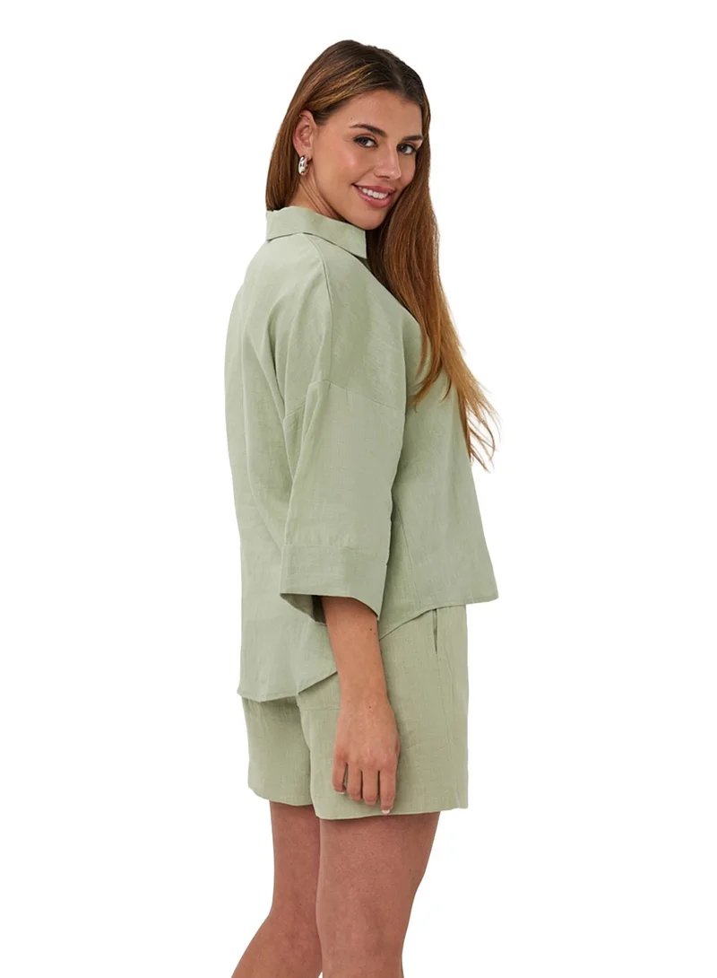 Esqualo Green Esqualo Linen Blouse Turn Up for Women | Best Price UAE