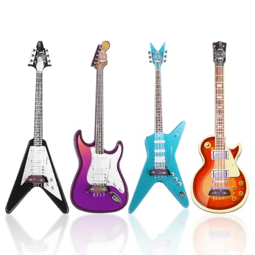 LLOUSSAK 4Pcs Mini Electric Guitar Bass Guitar Ornament 112 Scale Wooden Miniature Musical Instrument for Mini Music Room Home DecorationPurple Blue Brown Black - Image 1