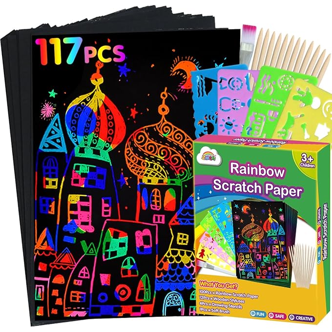 Rainbow Scratch Paper Kit: 117Pcs Magic Art Craft Stuff Supplies Black Drawing Pad for Age 3-12 Kids Children Girl Boy DIY Toy Activity Educational|Party Faver|Christmas Birthday Gifts