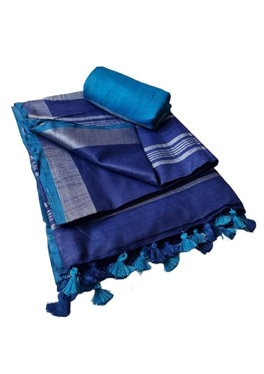 SheenKraft Hadloom Linen Cotton Blend Bhagalpuri Contrast Saree for Women (Duke_Blue-Cyan) - Image 4
