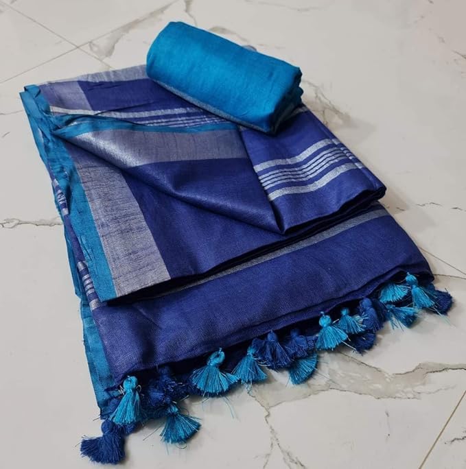 SheenKraft Hadloom Linen Cotton Blend Bhagalpuri Contrast Saree for Women (Duke_Blue-Cyan) - Image 2