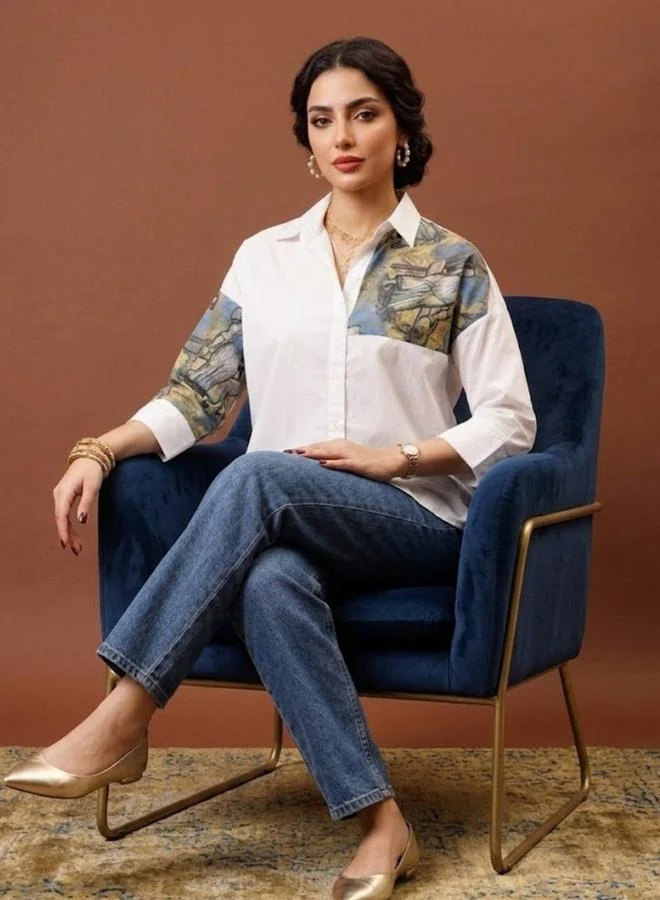 Athena White Cotton Printed Shirt with 3/4 Sleeves