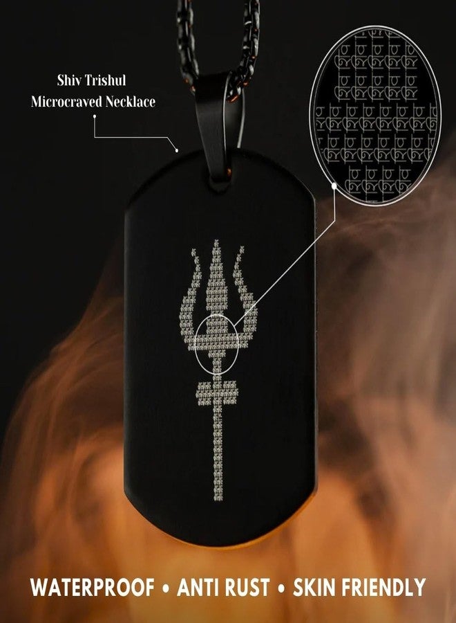 Mesmerize Shiva Trishul Micro-carved Tag Stainless Steel Locket Chain| Locket and Pendant Necklace for Men and Guys | Modern Trishul Pendant for Men | Shiv Necklace with Chain in Black | 6-Month Warranty. - Image 2