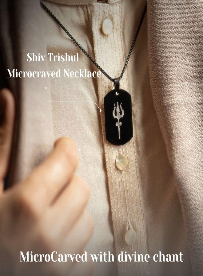 Mesmerize Shiva Trishul Micro-carved Tag Stainless Steel Locket Chain| Locket and Pendant Necklace for Men and Guys | Modern Trishul Pendant for Men | Shiv Necklace with Chain in Black | 6-Month Warranty. - Image 3