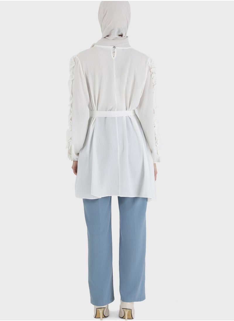 Tavin by Modanisa - Lettuce Sleeve Tie Detail Tunic - Image 1