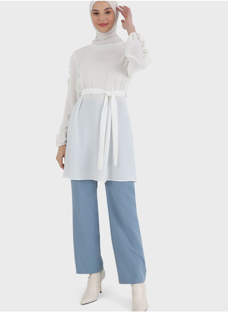 Tavin by Modanisa - Lettuce Sleeve Tie Detail Tunic - Image 1
