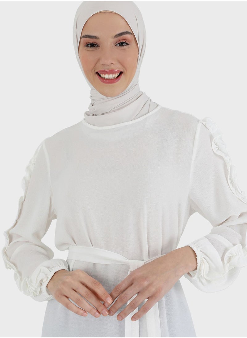 Tavin by Modanisa - Lettuce Sleeve Tie Detail Tunic - Image 1