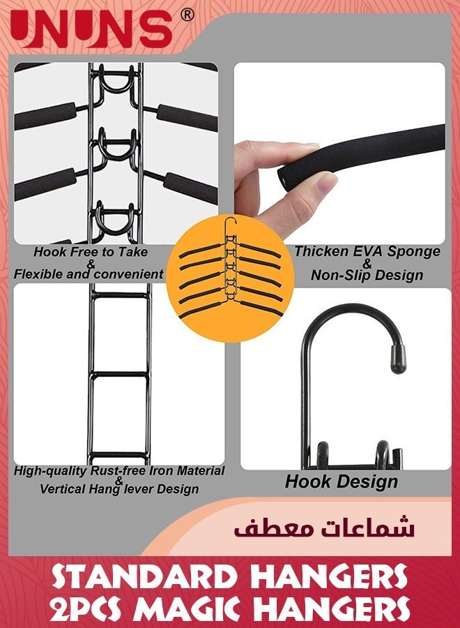 UNUNS 2 Pcs Hangers Space Saving, 5 in 1 Magic Multiple Stainless Steel Metal Hanger, Multi Layer Hangers, Non-Slip Foam Padded Clothes Hanger For Household Saver-Black - Image 3