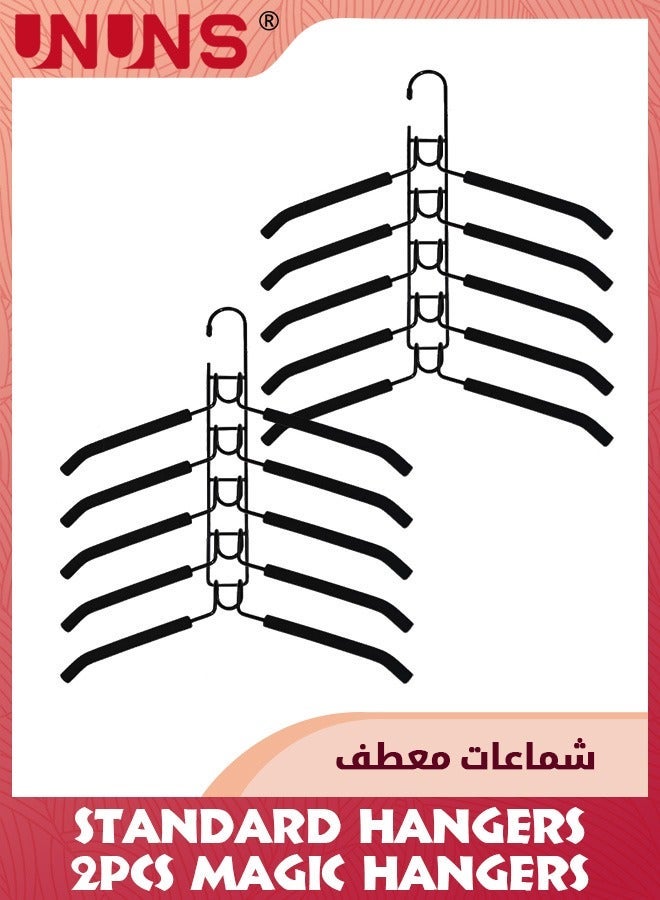 UNUNS 2 Pcs Hangers Space Saving, 5 in 1 Magic Multiple Stainless Steel Metal Hanger, Multi Layer Hangers, Non-Slip Foam Padded Clothes Hanger For Household Saver-Black - Image 1