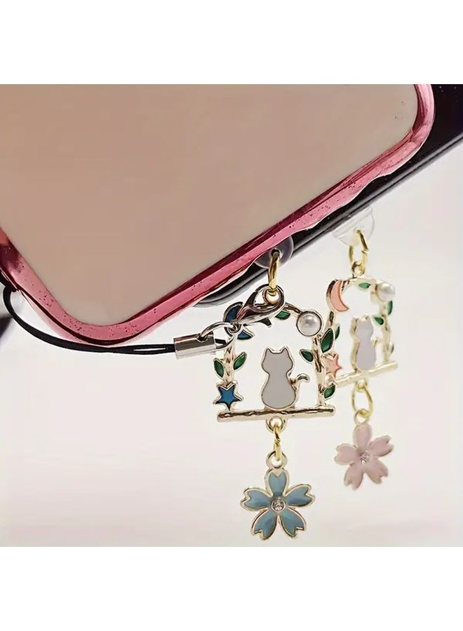 Mobile Phone Dust Plug Blue Metal Fashion Flowers Cat Pendant Suitable For Iphone - Image 1