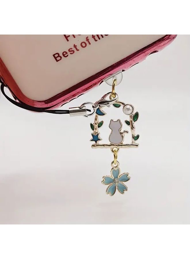 Mobile Phone Dust Plug Blue Metal Fashion Flowers Cat Pendant Suitable For Iphone - Image 3