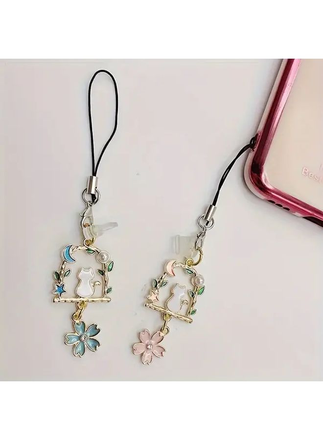 Mobile Phone Dust Plug Blue Metal Fashion Flowers Cat Pendant Suitable For Iphone - Image 5