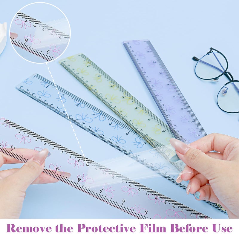 BAYTORY 4Pcs Transparent Acrylic Ruler 12 Inch, Clear Plastic Straight Rulers, Shatterproof Student Stationery Centimeters with Inches, for Classroom Essentials School Supplies (Bowknot 12 Inch) - Image 4