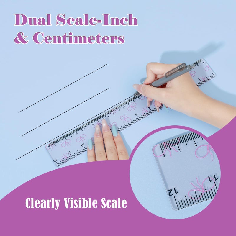 BAYTORY 4Pcs Transparent Acrylic Ruler 12 Inch, Clear Plastic Straight Rulers, Shatterproof Student Stationery Centimeters with Inches, for Classroom Essentials School Supplies (Bowknot 12 Inch) - Image 3