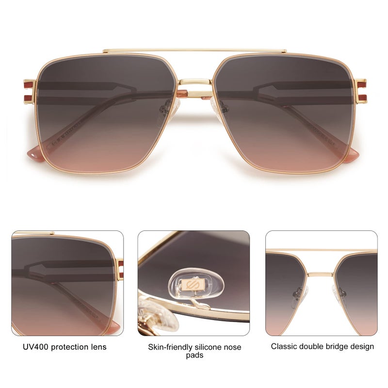 SOJOS Retro Oversized Square Sunglasses for Women Men, Vintage Large Double Bridge Metal Frame Unisex Sunglasses SJ1180, Gold Frame/Grey&Pink Lens - Image 4