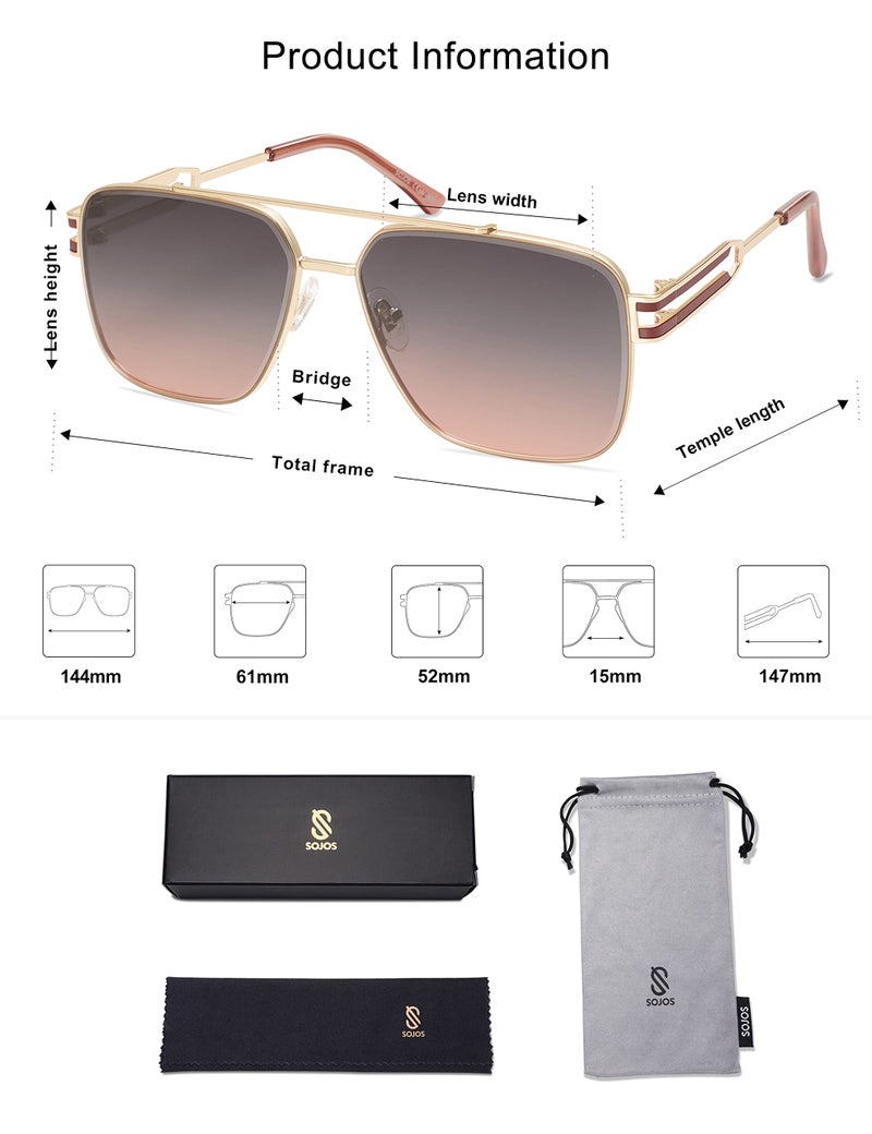 SOJOS Retro Oversized Square Sunglasses for Women Men, Vintage Large Double Bridge Metal Frame Unisex Sunglasses SJ1180, Gold Frame/Grey&Pink Lens - Image 5