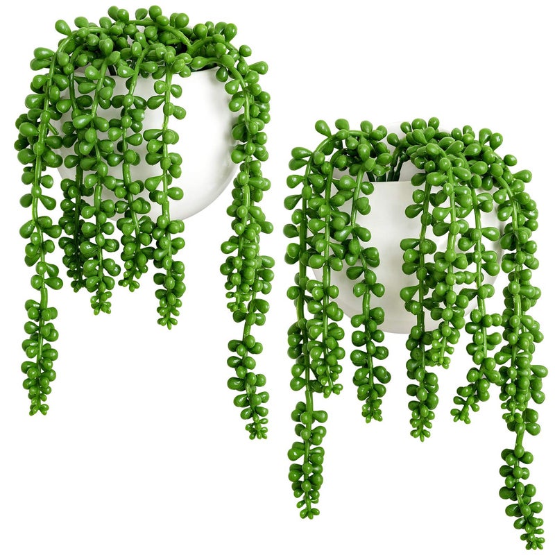 أواني حائط داهي مع نباتات مزيفة من لؤلؤة السلسلة نباتات صناعية صغيرة عصرية من السيراميك مثبتة مزهرية حائط دائرية معلقة لحامل عرض للحديقة الداخلية ديكور المكتب مجموعة من 2