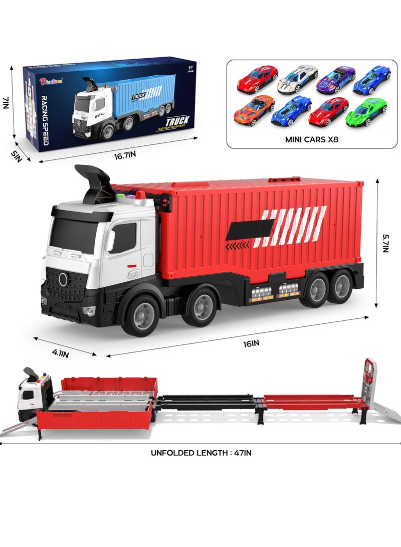 Race Car Track Toy Truck Toy with Slots & Foldable Race Transport Car with Music And Light Carrier Toy for Toddlers Cars Toy Set with 1 Truck And 8 Race Cars Vehicles Toy Set for 3+ Kids Boys Girls  - Image 2