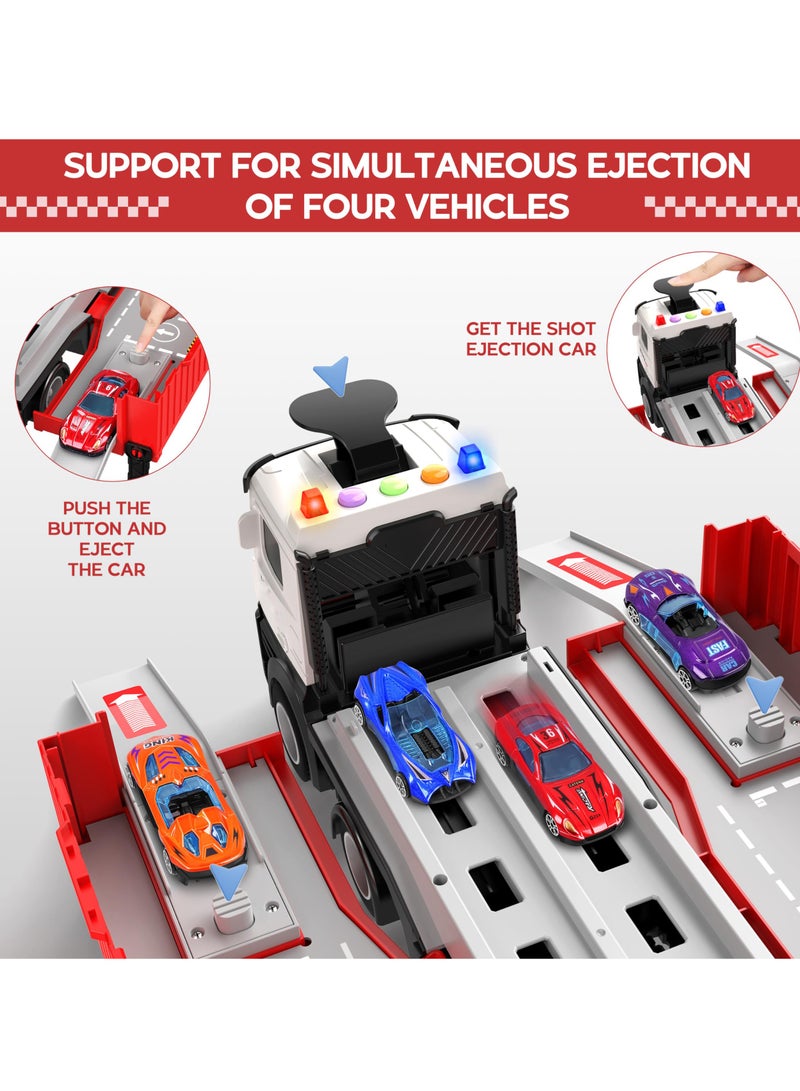 Race Car Track Toy Truck Toy with Slots & Foldable Race Transport Car with Music And Light Carrier Toy for Toddlers Cars Toy Set with 1 Truck And 8 Race Cars Vehicles Toy Set for 3+ Kids Boys Girls  - Image 3
