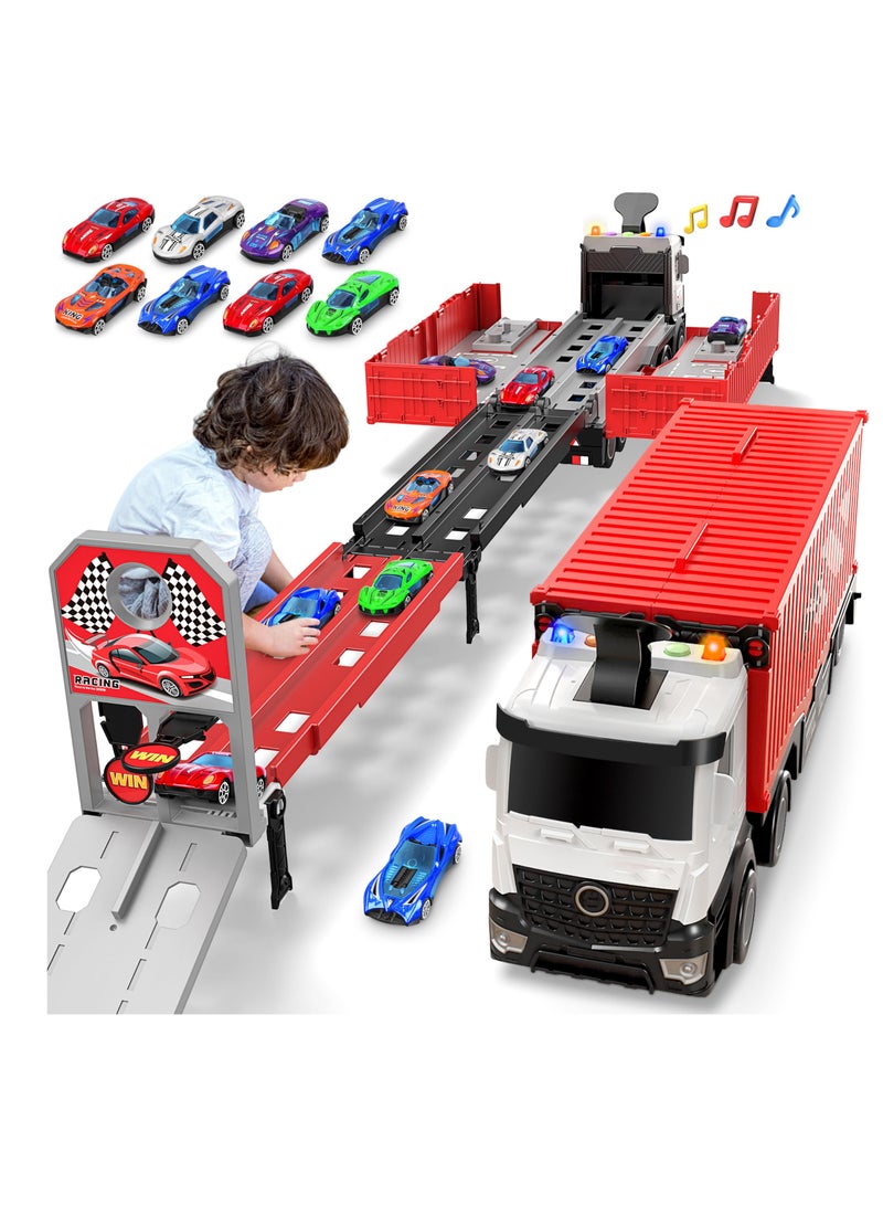 Race Car Track Toy Truck Toy with Slots & Foldable Race Transport Car with Music And Light Carrier Toy for Toddlers Cars Toy Set with 1 Truck And 8 Race Cars Vehicles Toy Set for 3+ Kids Boys Girls  - Image 1